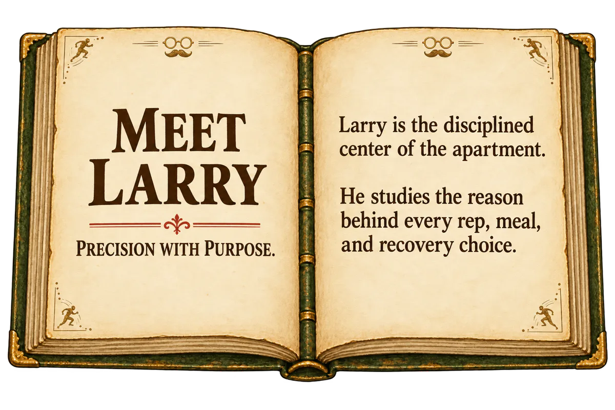 Meet Larry. Precision with purpose. Larry is the disciplined center of the apartment. He studies the reason behind every rep, meal, and recovery choice.