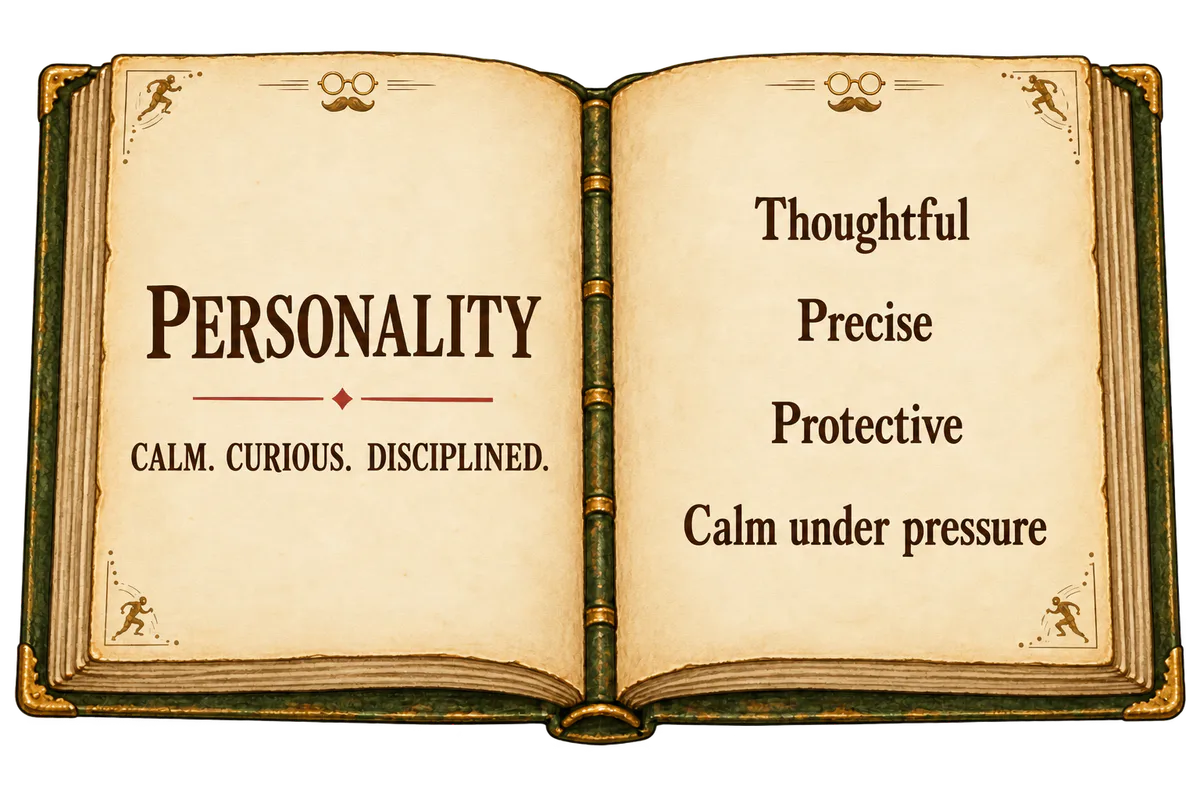 Personality. Calm, curious, disciplined. Thoughtful, precise, protective, and calm under pressure.