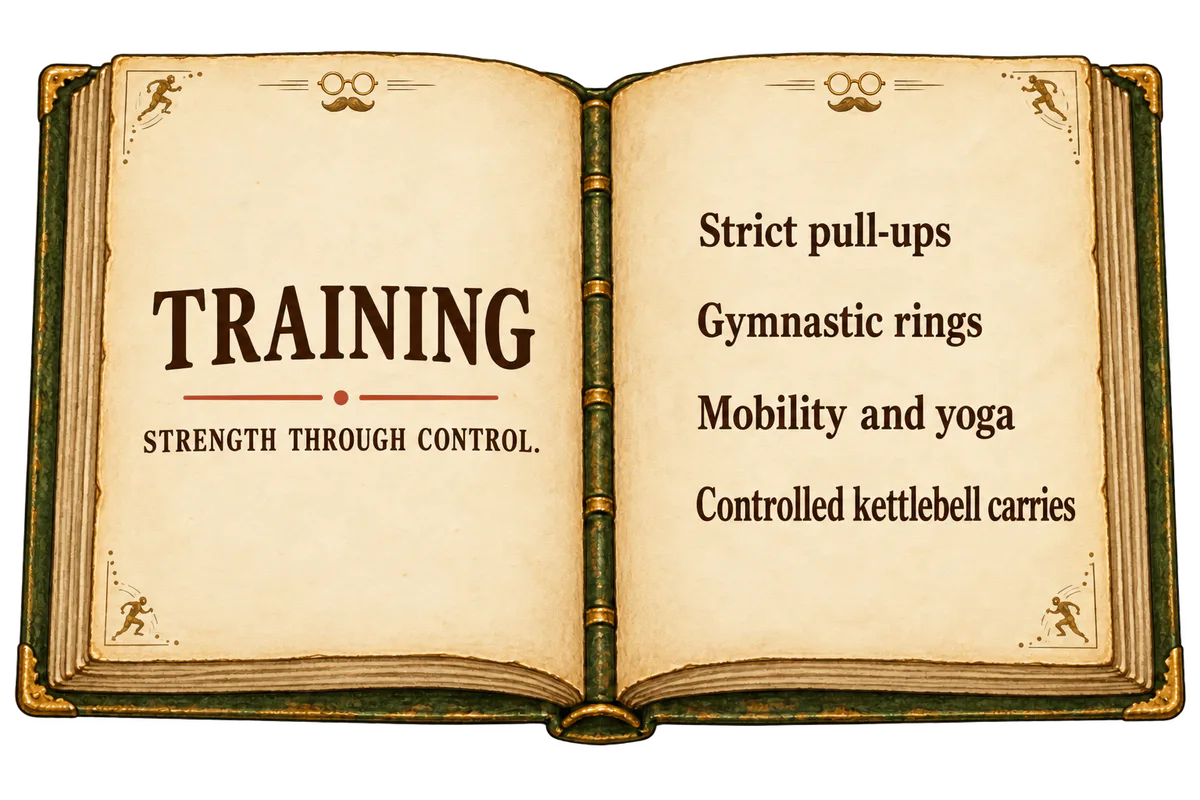 Training. Strength through control. Strict pull-ups, gymnastic rings, mobility and yoga, and controlled kettlebell carries.