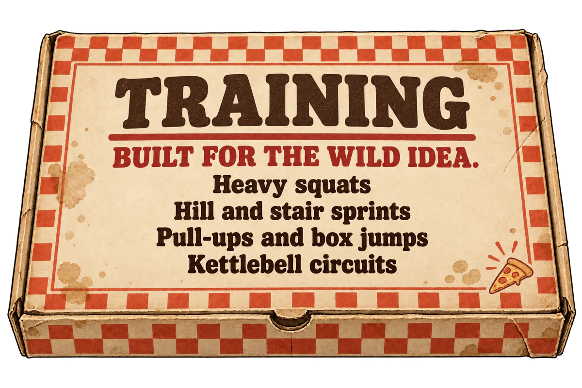 Training. Built for the wild idea. Heavy squats, hill and stair sprints, pull-ups and box jumps, and kettlebell circuits.